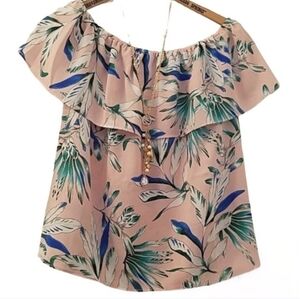 C&E Crepe Pink Blue Floral Boho Off Shoulder Popover Peasant Top NWT